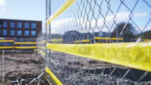 A construction site fence with bright yellow safety barriers and reflective tape marking the perimeter.