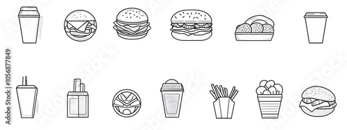 vector line art of fast food icons like hot dog, hamburger and french fries, vector illustration in vintage style,