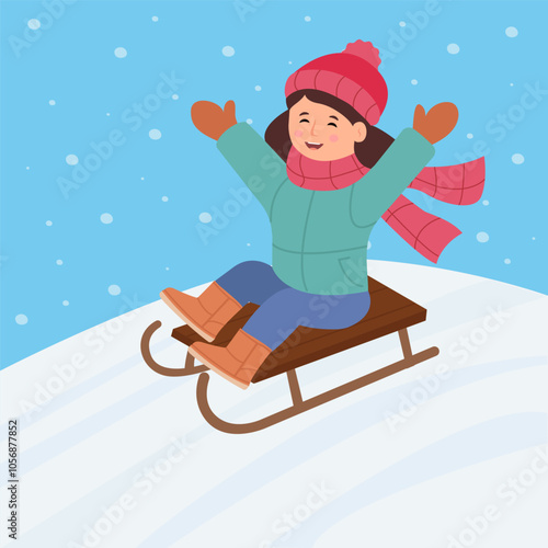 Little happy  girl  are sledding from snow hills. Winter fun. Vector illustration