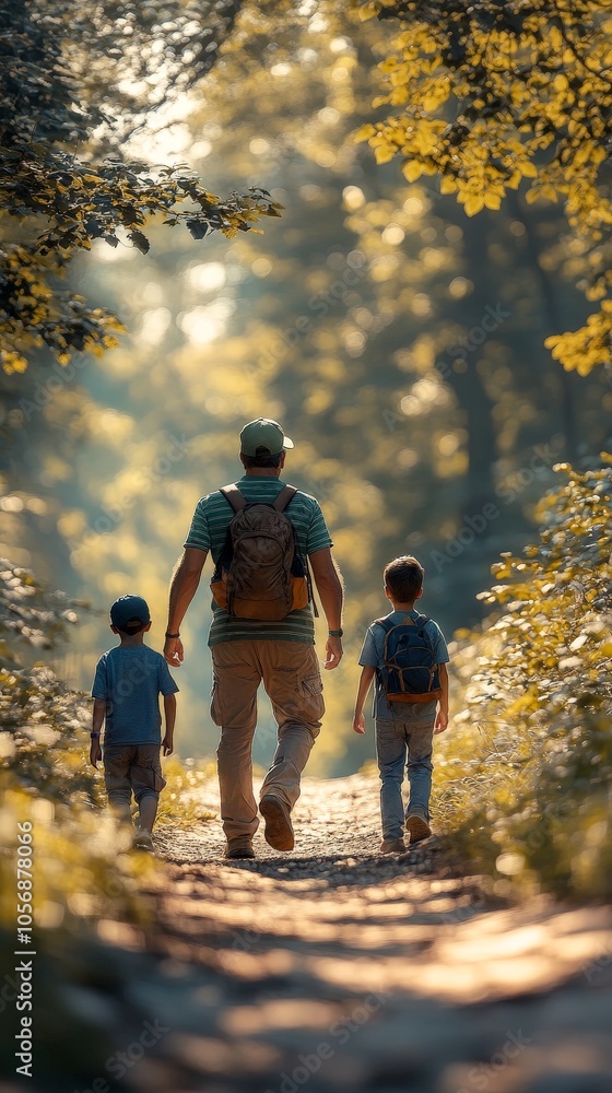 Father and sons walking through a forest on an outdoor hiking trip Father and sons walking through a forest on an outdoor hiking trip