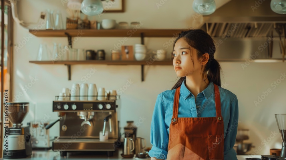 A woman stands next to the kitchen counter with appliances and utensils nearby A woman stands next to the kitchen counter with appliances and utensils nearby