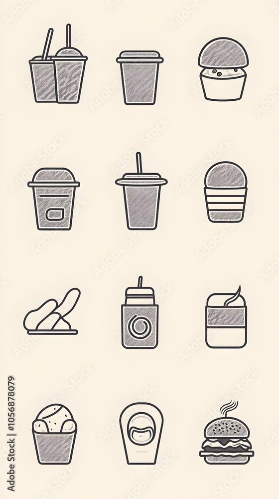 vector line art of fast food icons like hot dog, hamburger and french fries, vector illustration in vintage style, vector line art of fast food icons like hot dog, hamburger and french fries, vector illustration in vintage style,