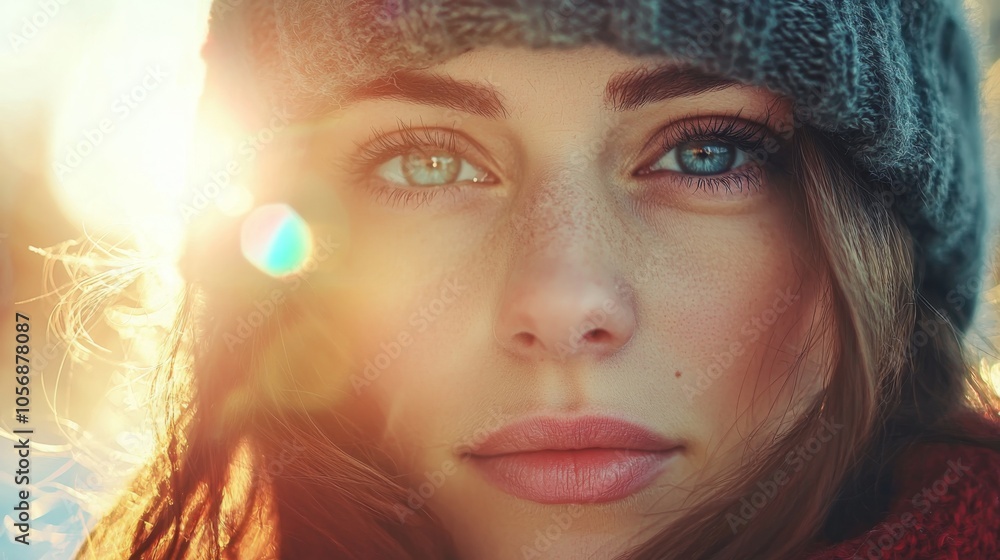 Beautiful Woman with Lens Flare Effect in Winter Light Beautiful Woman with Lens Flare Effect in Winter Light