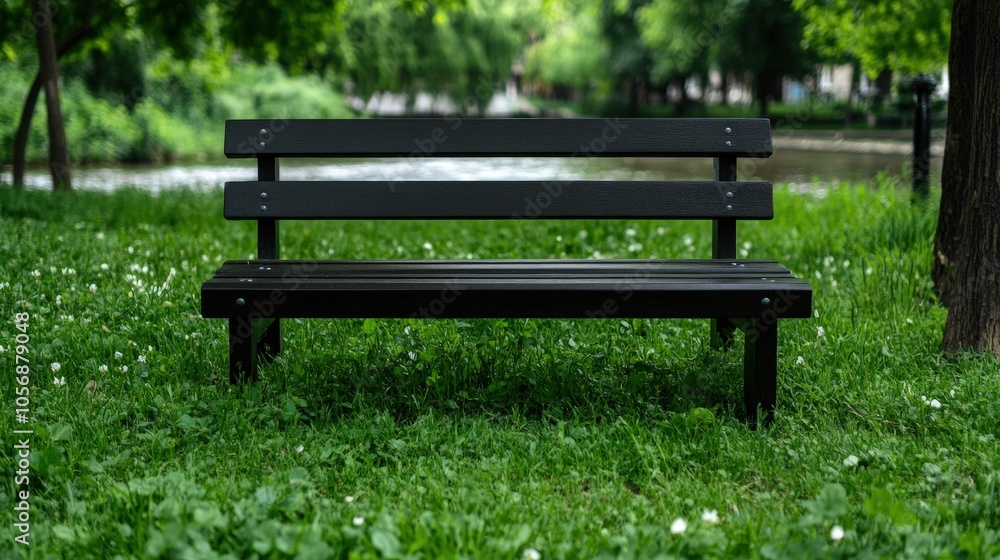 Empty Wooden Bench in Green Grass Park River Background Empty Wooden Bench in Green Grass Park River Background