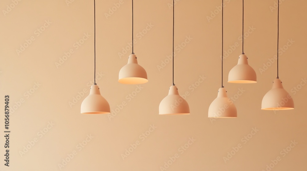 A set of simple plastic pendant lamps in soft, minimal tones, hanging symmetrically against a cream-colored wall; stylish and balanced.