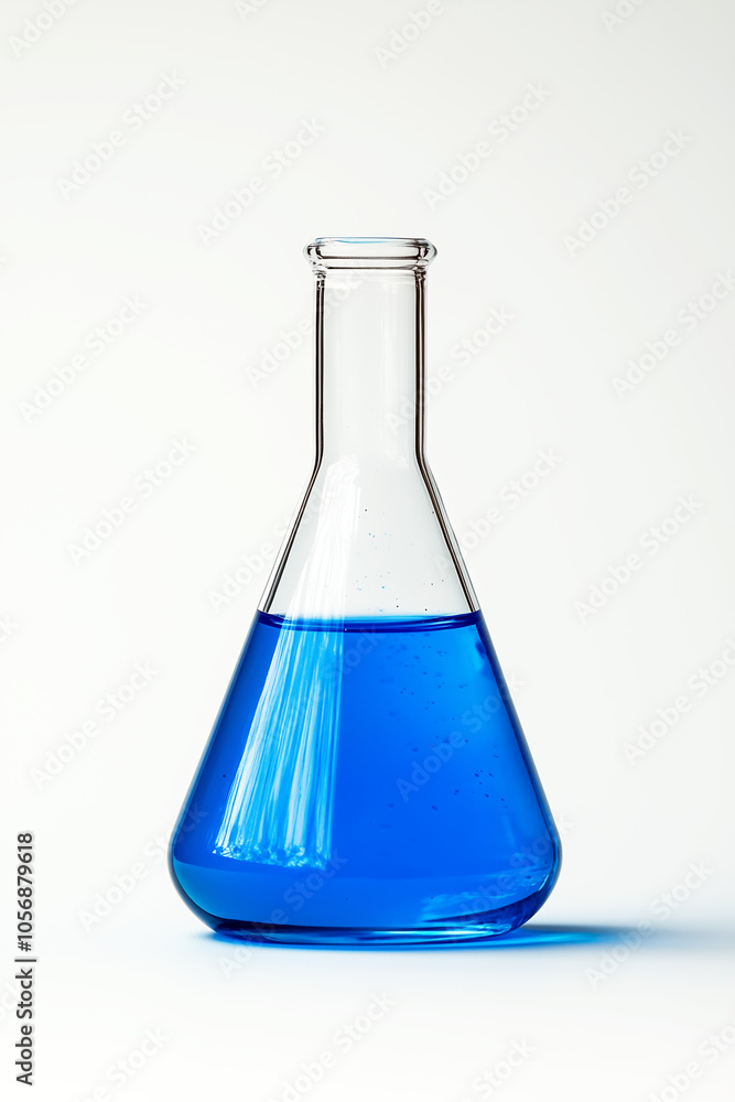 Erlenmeyer laboratory flask with blue liquid against a white background. Erlenmeyer laboratory flask with blue liquid against a white background.