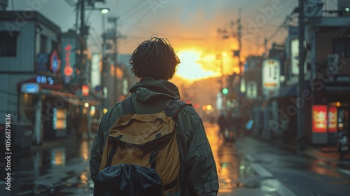 A lone traveler walks through a rainy city street at sunset