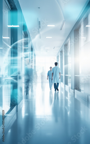 Interior of doctor and patient people in hospital corridor for background, Health care and medical technology concept. Motion blur effect