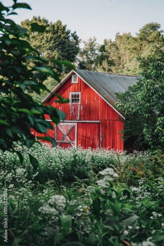 A red barn standing amidst a field of white flowers, serene and peaceful