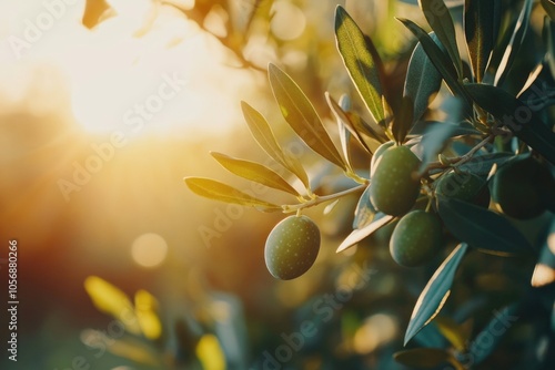 Fresh olives growing on the branch of an olive tree