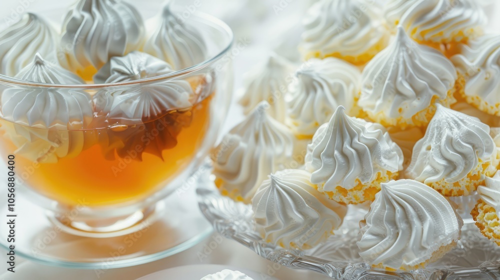Fluffy meringues in white and yellow with tea on culinary background for copying. Fluffy meringues in white and yellow with tea on culinary background for copying.