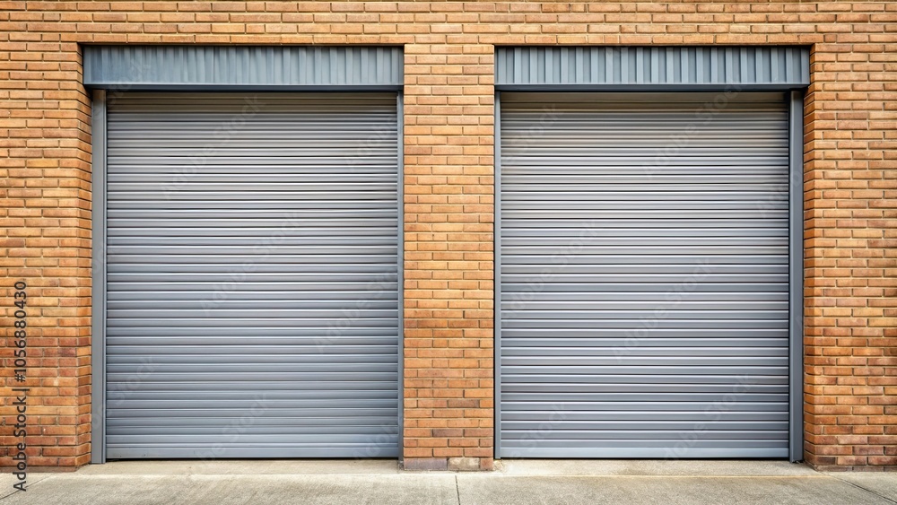 Fototapeta premium Two grey corrugated metal garage doors contrasted against a blonde brick wall , garage door, corrugated metal, grey