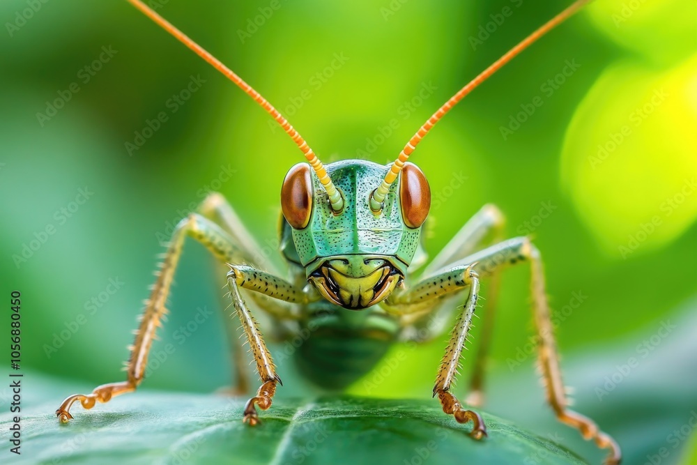 Close-up shot of a grasshopper sitting on a leaf, with fine details visible Close-up shot of a grasshopper sitting on a leaf, with fine details visible