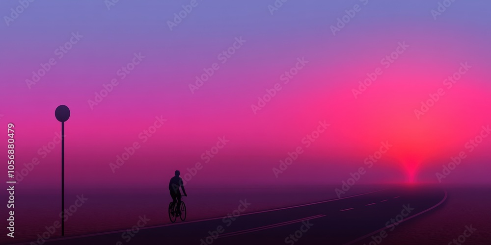 Silhouette of Cyclist on Road at Sunset with Pink Sky and Fog Silhouette of Cyclist on Road at Sunset with Pink Sky and Fog