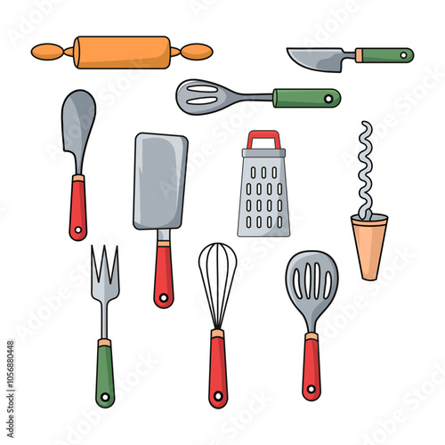 Set colorful kitchen utensils illustrations, handdrawn cartoon style. Kitchenware collection