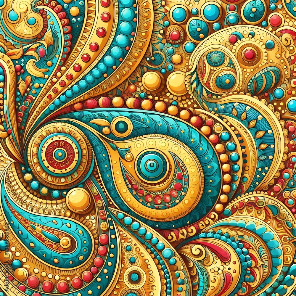 Intricate Abstract Paisley Pattern with Gold and Turquoise Details with Generative AI. Intricate Abstract Paisley Pattern with Gold and Turquoise Details with Generative AI.