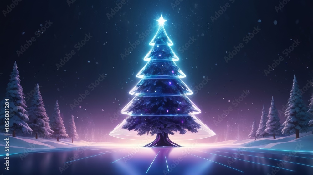 Digital Christmas tree with neon lights on a dark, atmospheric background Digital Christmas tree with neon lights on a dark, atmospheric background