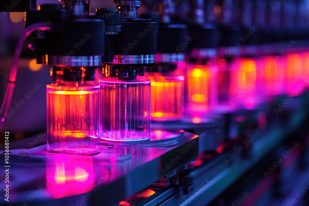 A vibrant industrial scene with illuminated glass vials on a conveyor, showcasing modern technology and innovation in a laboratory setting. A vibrant industrial scene with illuminated glass vials on a conveyor, showcasing modern technology and innovation in a laboratory setting.