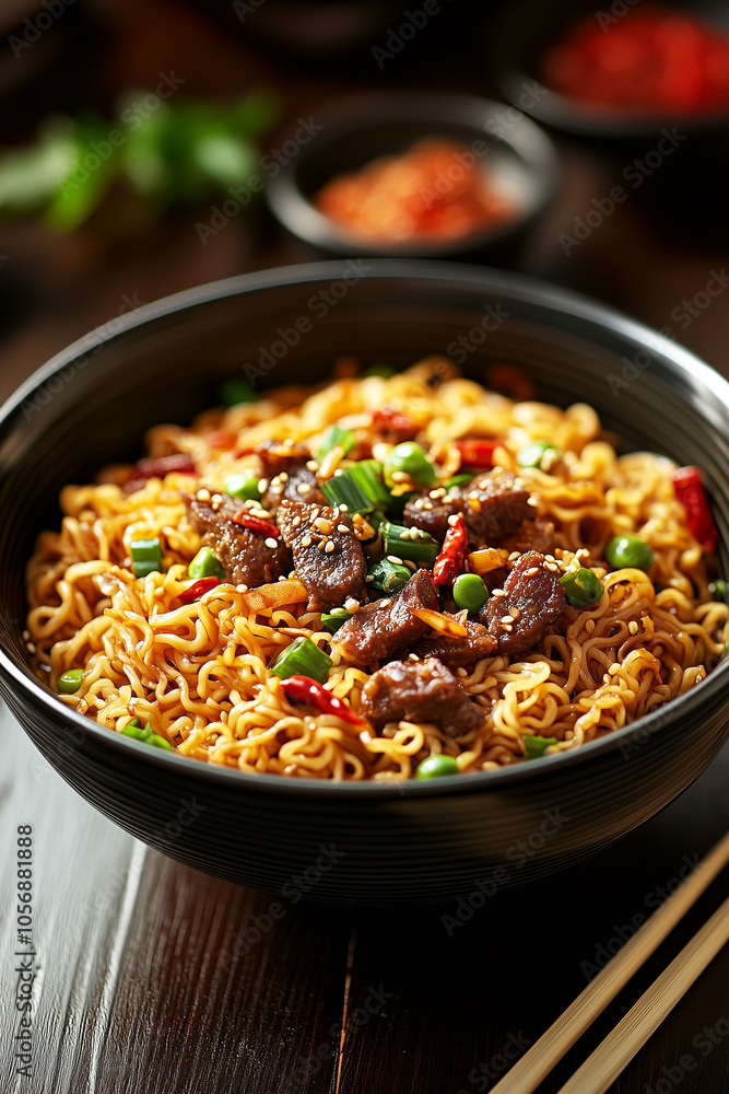 Food photography, ramen noodled with fried cripsy shallot slices and red pepper Food photography, ramen noodled with fried cripsy shallot slices and red pepper