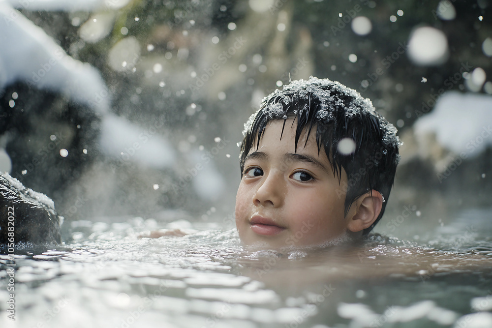 Generative AI captures child enjoying winter resort hot spring experience Generative AI captures child enjoying winter resort hot spring experience