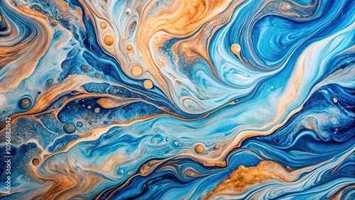 Abstract blue and peach marbled artwork with flowing patterns and textures created using liquid painting techniques , marbled