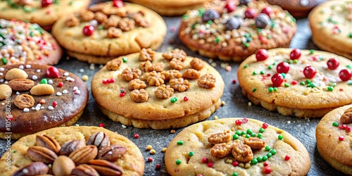 Close-up of various cookies decorated with nuts, sprinkles, sea salt, and ready for use , bakery, homemade, delicious