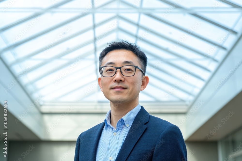 A business professional standing in a building, wearing a suit and glasses A business professional standing in a building, wearing a suit and glasses