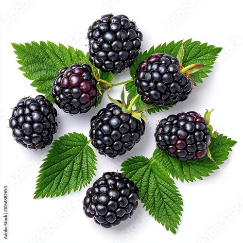 A photostock of freshly picked blackberries on a white background, ripe and juicy. photo