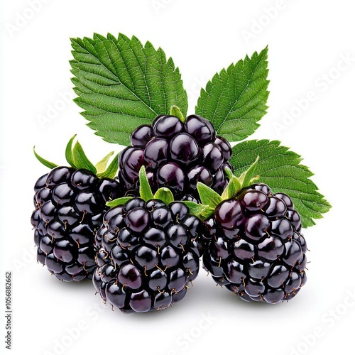 A photostock of freshly picked blackberries on a white background, ripe and juicy. photo