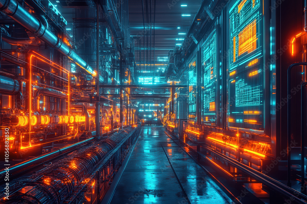 A futuristic industrial scene with glowing blue and orange lights illuminating a high-tech environment filled with intricate machinery. A futuristic industrial scene with glowing blue and orange lights illuminating a high-tech environment filled with intricate machinery.