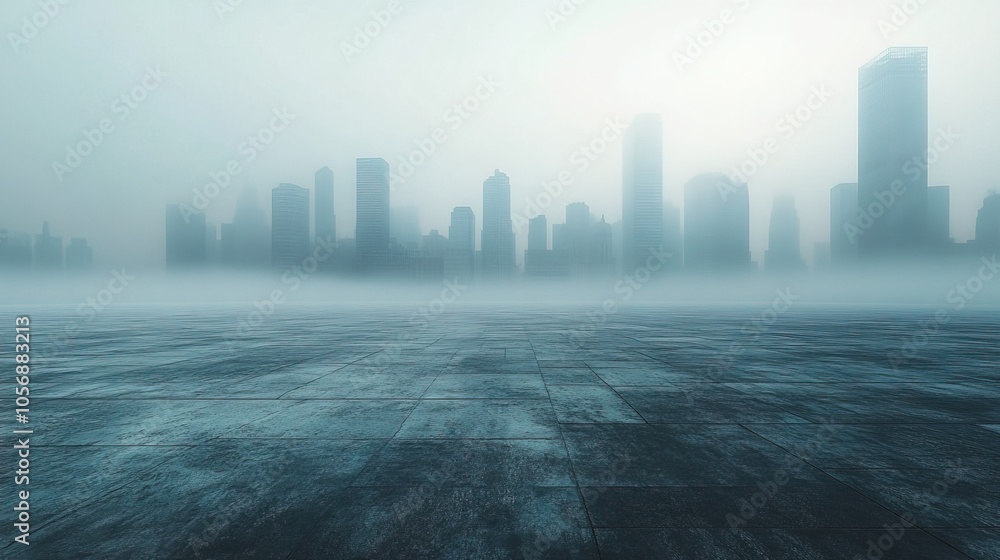 Urban city skyline view with foggy atmosphere, wide open concrete floor Urban city skyline view with foggy atmosphere, wide open concrete floor