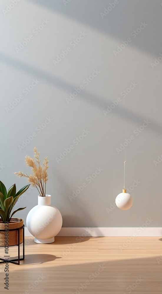 Minimalist interior with a plant, vase, and a hanging orb. Minimalist interior with a plant, vase, and a hanging orb.