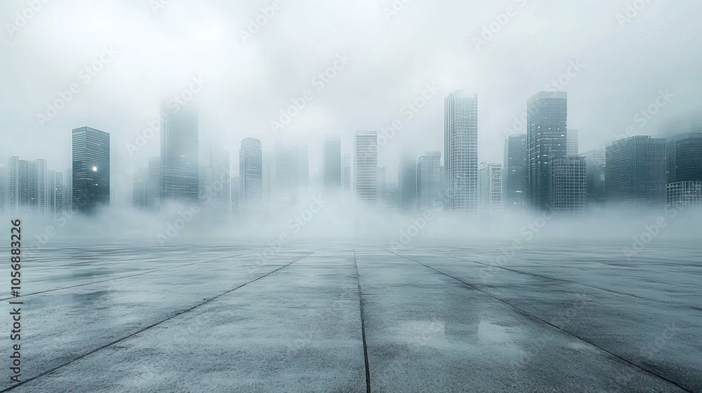 Urban city skyline view with foggy atmosphere, wide open concrete floor Urban city skyline view with foggy atmosphere, wide open concrete floor