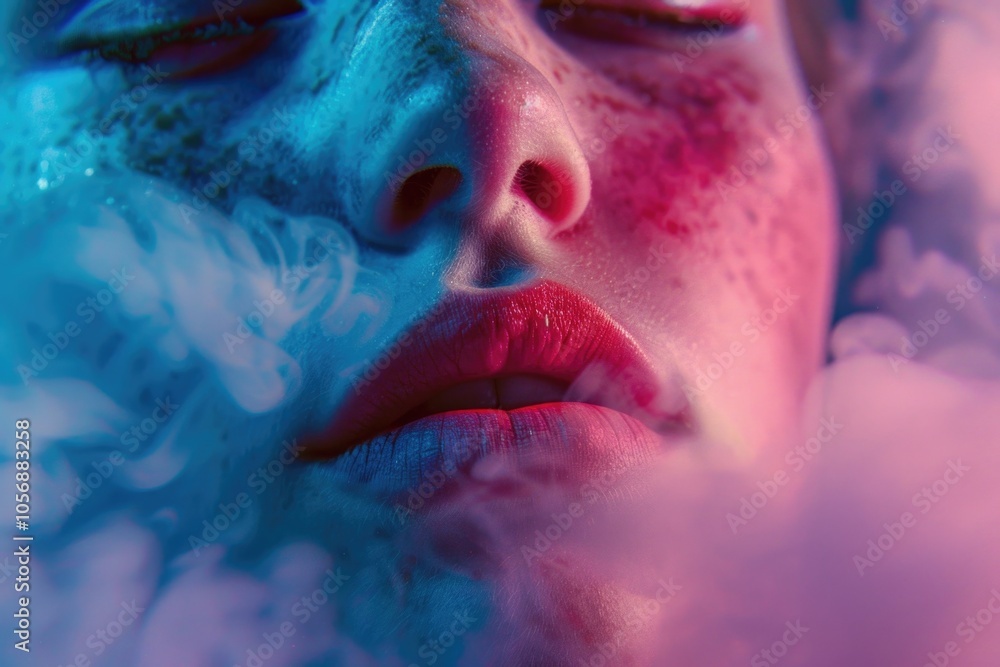 Close-up shot of a woman exhaling smoke from her mouth Close-up shot of a woman exhaling smoke from her mouth