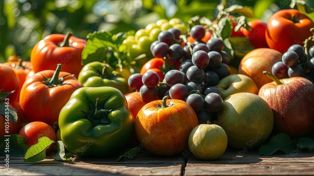 A vibrant assortment of ripe tomatoes, green peppers, crisp apples, and plump grapes, bathed in the warm glow of sunlight, creates a still life of nature's bounty. A vibrant assortment of ripe tomatoes, green peppers, crisp apples, and plump grapes, bathed in the warm glow of sunlight, creates a still life of nature's bounty.