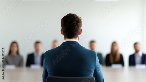 A professional setting showing a man in a suit sitting before a panel during an interview or meeting in a modern office.