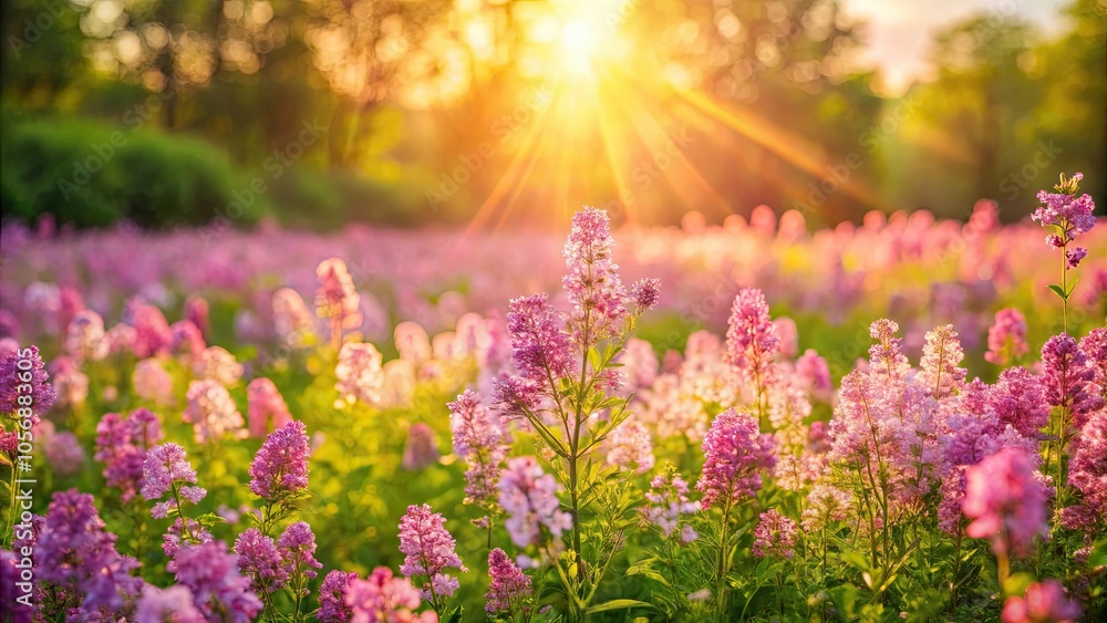 Obraz premium Idyllic pink wildflower meadow with morning sunlight and blossoming lilac bushes , summer, flowers, meadow