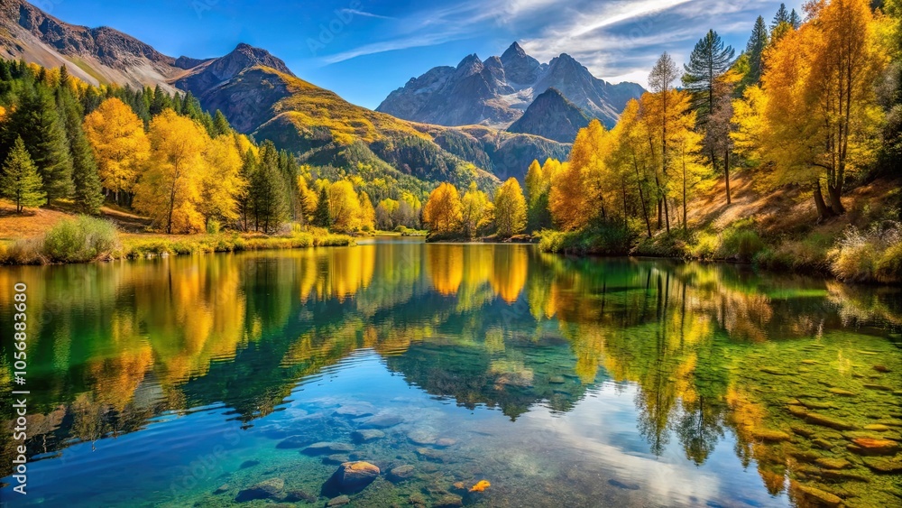 Tranquil little lake surrounded by golden summer foliage in the Southern French Alps, lake, Southern French Alps Tranquil little lake surrounded by golden summer foliage in the Southern French Alps, lake, Southern French Alps