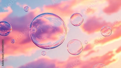 Soap bubbles fly against the sunset and pink sky clouds, wallpaper