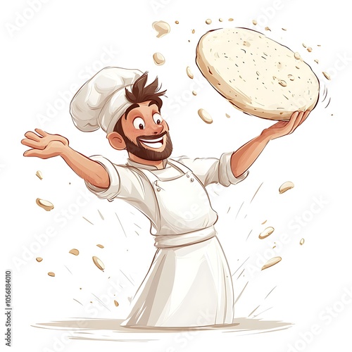 Cartoon pizza chef tossing dough in the air on a white background.