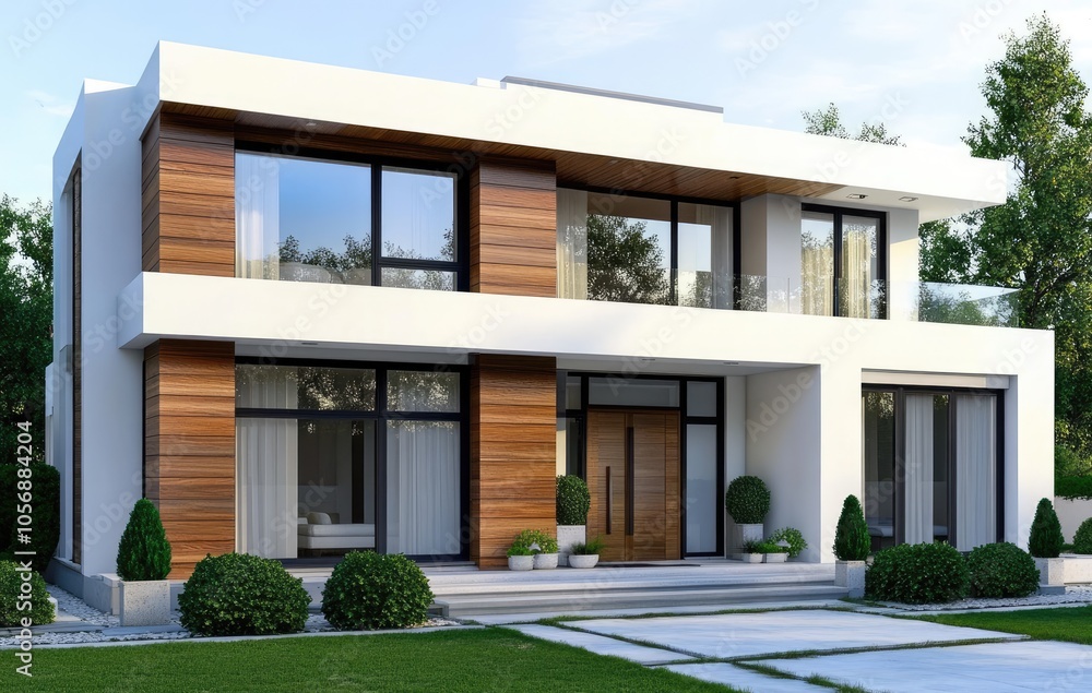 Fototapeta premium Modern home exterior with white stucco walls, wooden cladding, and large glass windows