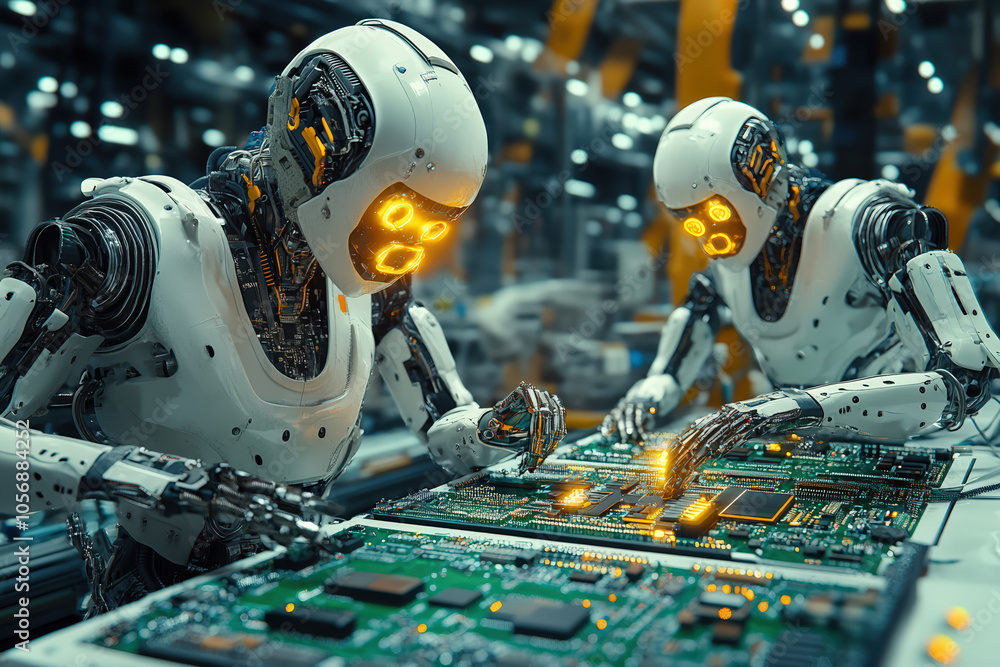 Fototapeta premium Two advanced robots meticulously work on circuit boards, highlighting the fusion of technology and automation in a futuristic setting.