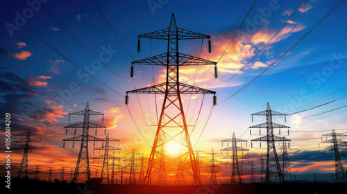 Power transmission towers stretch across rural landscape, silhouetted against vibrant sunset sky filled with colorful clouds. scene evokes sense of tranquility and connection to nature