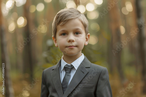 Portrait of a cute child boy wear trendy suit standing outdoors created with generative AI