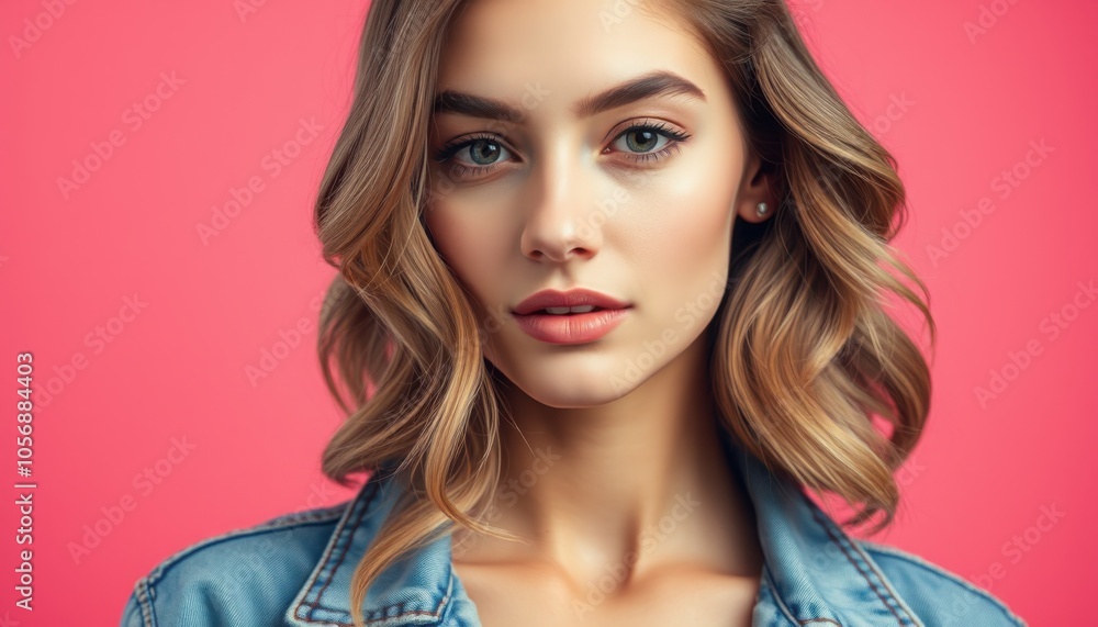 Fototapeta premium Close-Up Portrait of a Stylish Young Woman in Textured Denim Jacket with Wavy Hair. Stylish Portrait of Young Woman in Textured Denim Jacket.