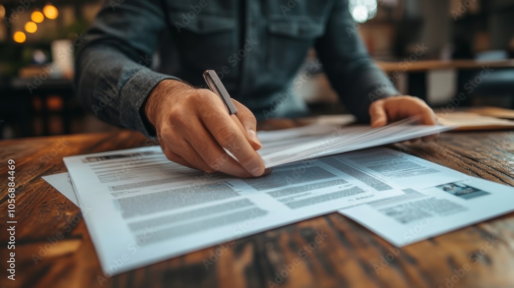 A Person's Hand Holding a Pen Over Papers on a Wooden Table A Person's Hand Holding a Pen Over Papers on a Wooden Table