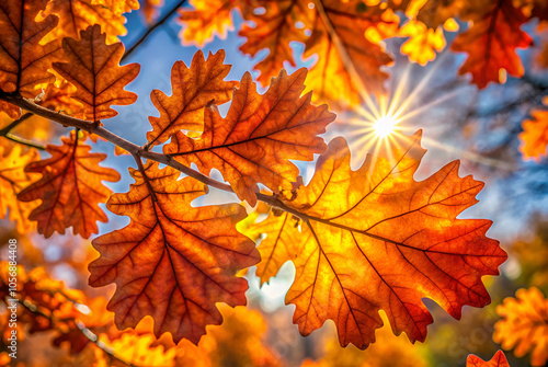 Vibrant autumn leaves illuminated by sunlight, showcasing shades of orange, gold, and yellow against a clear blue sky.