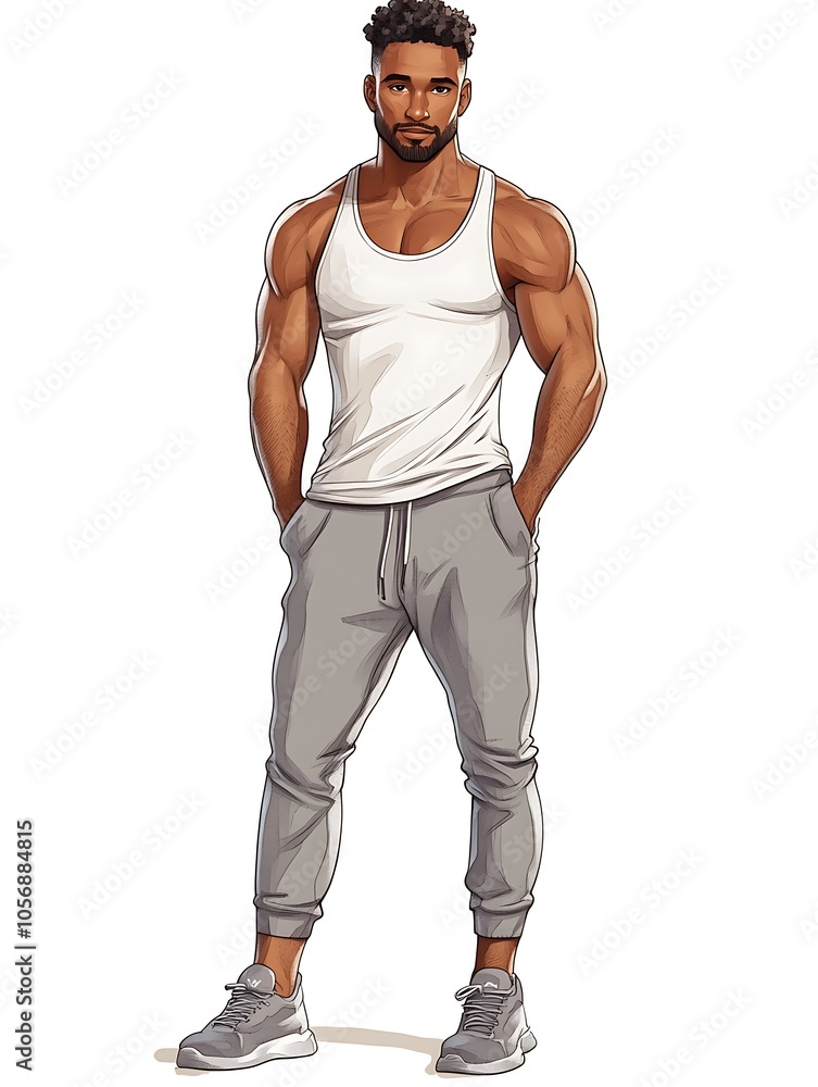 Cartoon guy in a fitted tank top and joggers on a white background. Cartoon guy in a fitted tank top and joggers on a white background.