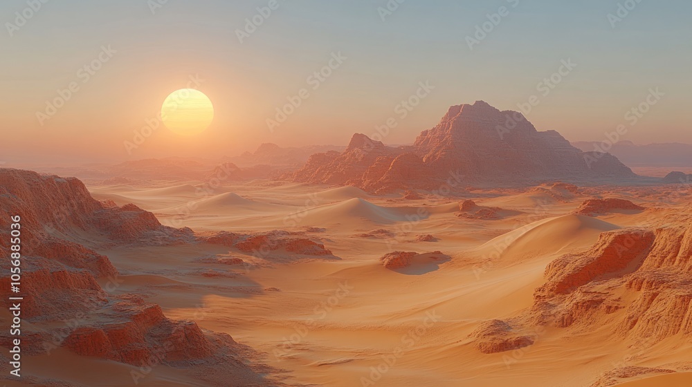 Naklejka premium Serene desert landscape at sunset with mountains in the distance.