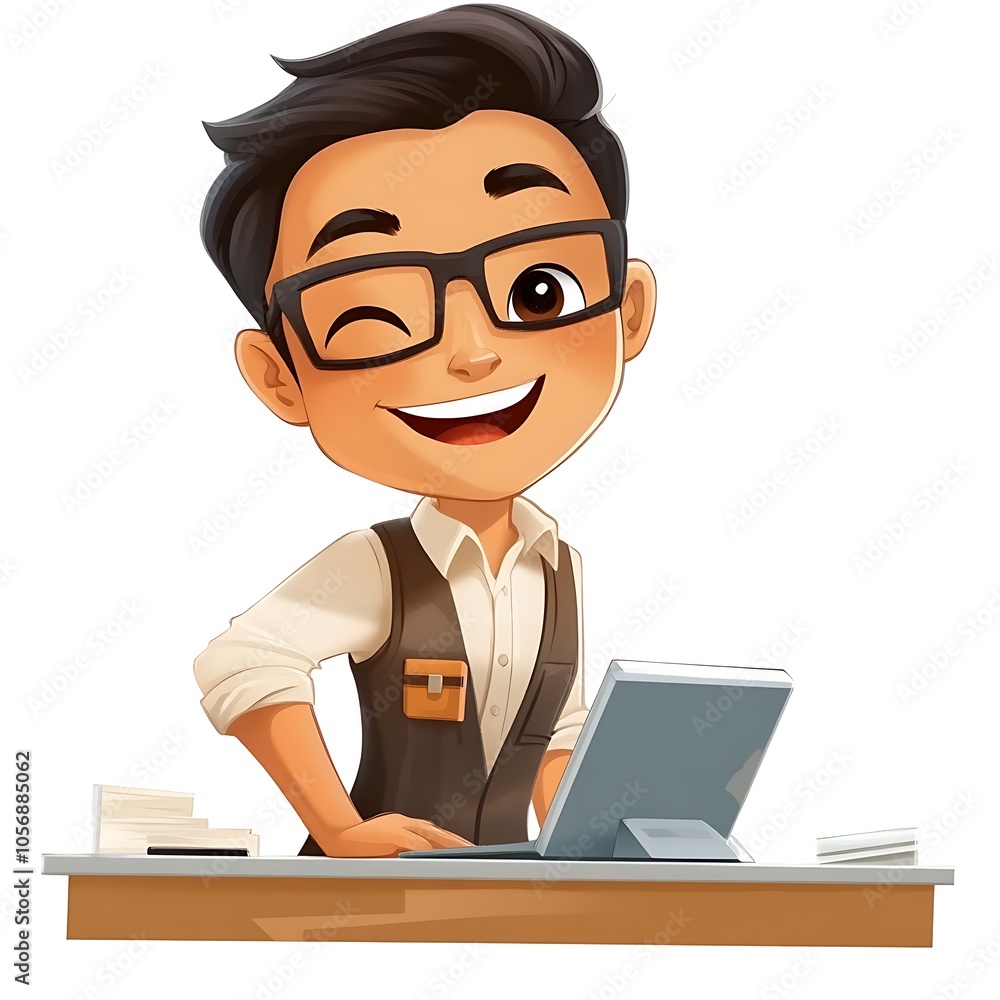 Cartoon employee leaning on a desk, smiling casually on a white background. Cartoon employee leaning on a desk, smiling casually on a white background.